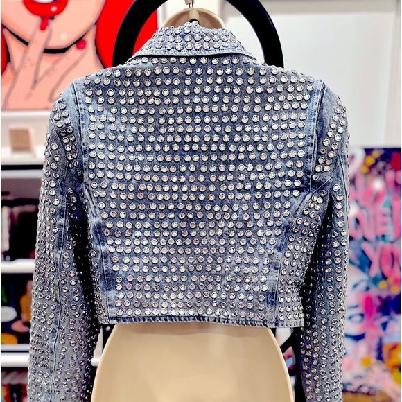 - AZALEA WANG GAZETTE 3000 STUDS MOTO JACKET IN DENIM NWT MULTIPLE - Picture 5 of 11